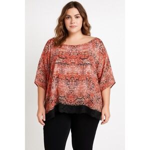 Zac & Rachel Woman 1X Boho Blouse Pink Print Lace Hem Tunic Top Plus Size